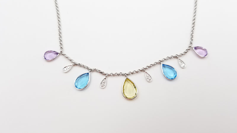 MULTI COLORED STONES ( BLUE TOPAZ / AMETHYST / CITRINE ) WITH DIAMONDS 14 KT WHITE GOLD NECKLACE