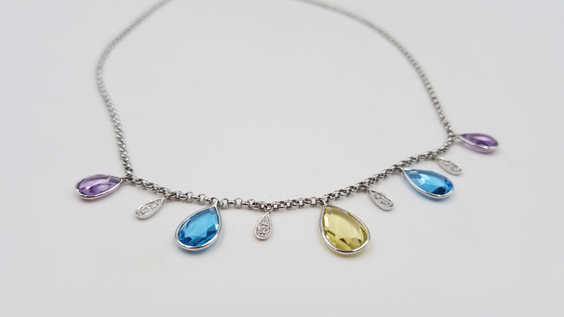 MULTI COLORED STONES ( BLUE TOPAZ / AMETHYST / CITRINE ) WITH DIAMONDS 14 KT WHITE GOLD NECKLACE