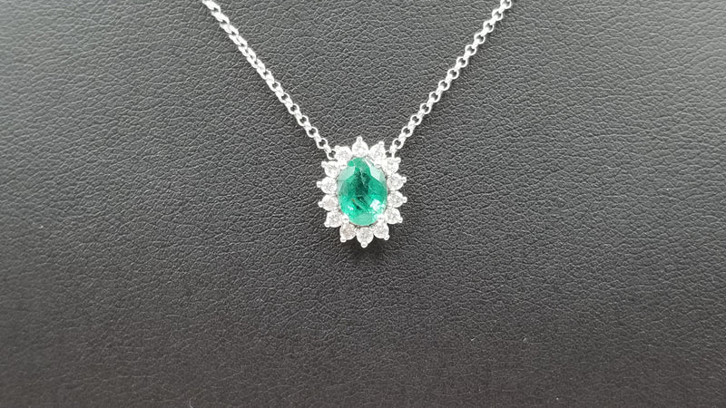 EMERALD ( OVAL ) WITH DIAMONDS CLASSIC 18 KT WHITE GOLD SLIDE NECKLACE