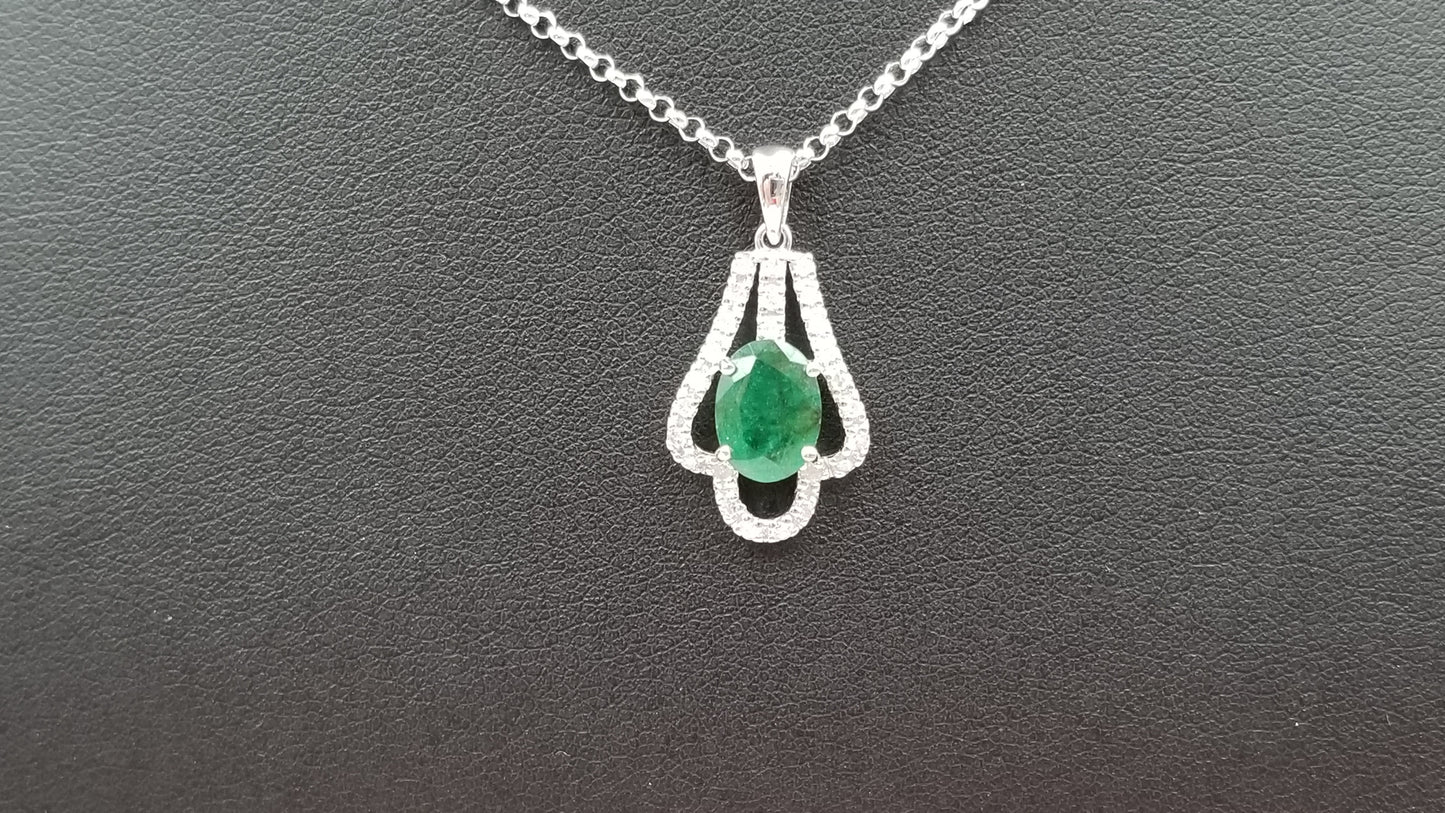 EMERALD ( OVAL ) WITH DIAMONDS SLIDE 14 KT WHITE GOLD NECKLACE