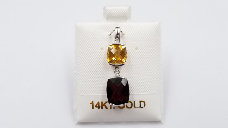 CITRINE / GARNET ( SQUARE CHECKERBOARD CUT ) DIAMONDS 14 KT WHITE GOLD PENDANT