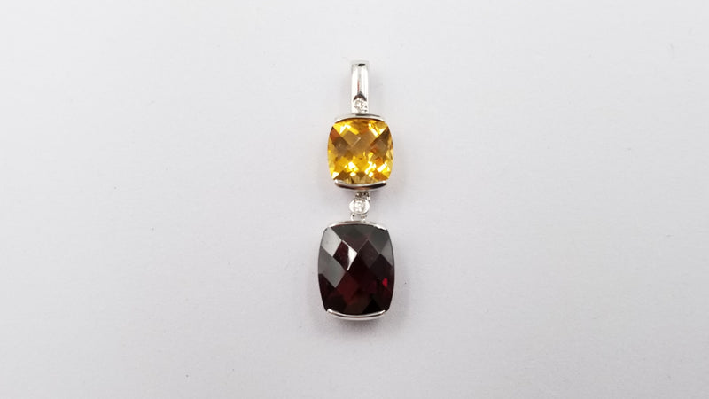 CITRINE / GARNET ( SQUARE CHECKERBOARD CUT ) DIAMONDS 14 KT WHITE GOLD PENDANT