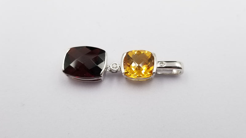 CITRINE / GARNET ( SQUARE CHECKERBOARD CUT ) DIAMONDS 14 KT WHITE GOLD PENDANT