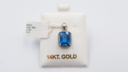 BLUE TOPAZ ( EMERALD CUT ) WITH DIAMONDS 14 KT WHITE GOLD CLASSIC STYLE PENDANT