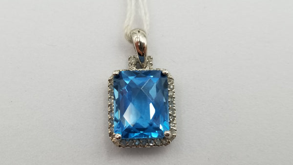 BLUE TOPAZ ( EMERALD CUT ) WITH DIAMONDS 14 KT WHITE GOLD CLASSIC STYLE PENDANT