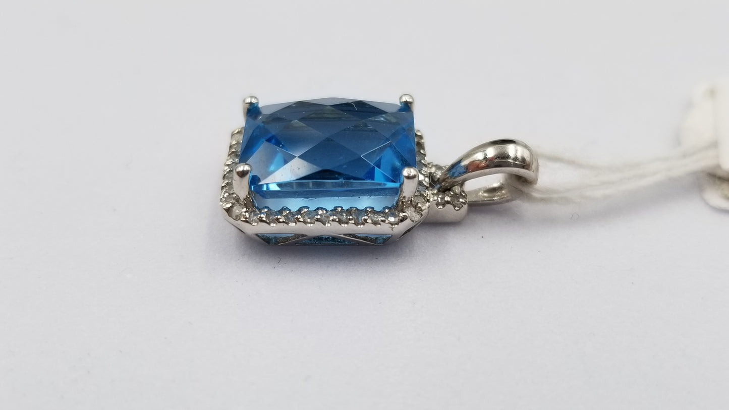 BLUE TOPAZ ( EMERALD CUT ) WITH DIAMONDS 14 KT WHITE GOLD CLASSIC STYLE PENDANT