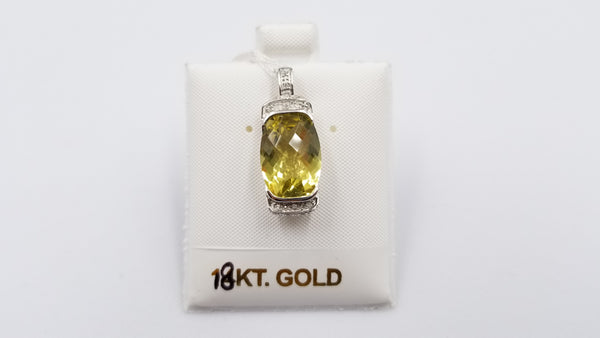 LEMON CITRINE ( EMERALD CHECKERBOARD CUT ) WITH DIAMONDS 14 KT WHITE GOLD PENDANT