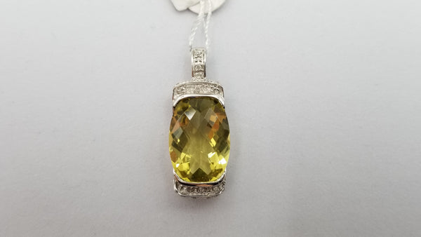 LEMON CITRINE ( EMERALD CHECKERBOARD CUT ) WITH DIAMONDS 14 KT WHITE GOLD PENDANT