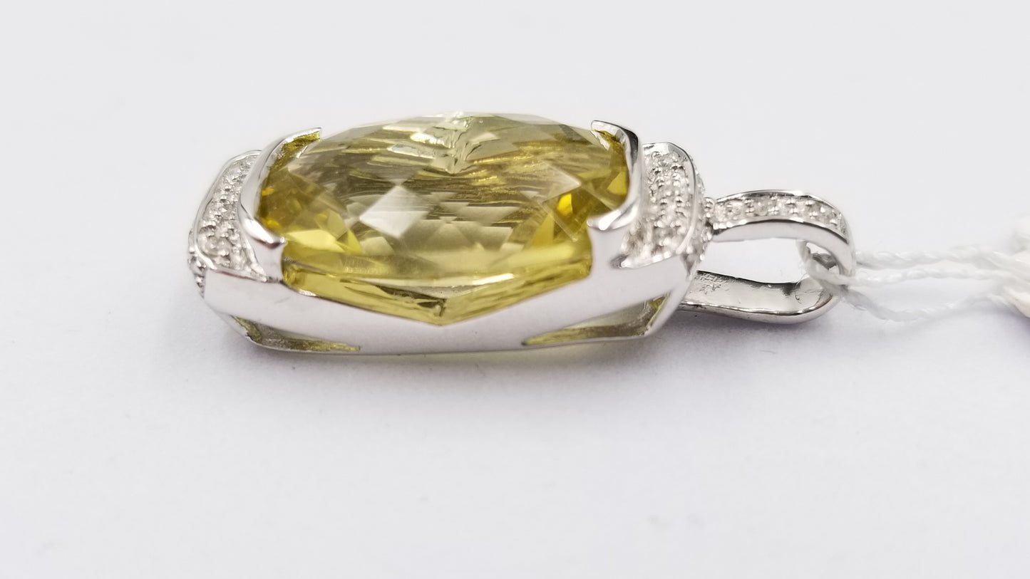 LEMON CITRINE ( EMERALD CHECKERBOARD CUT ) WITH DIAMONDS 14 KT WHITE GOLD PENDANT