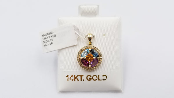 MULTI COLORED STONES WITH DIAMONDS HALO 14 KT YELLOW GOLD PENDANT