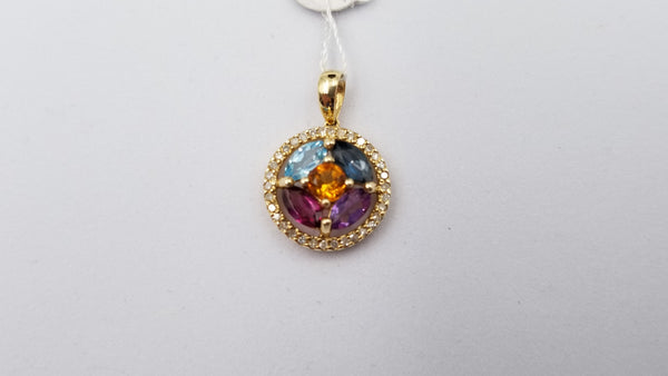 MULTI COLORED STONES WITH DIAMONDS HALO 14 KT YELLOW GOLD PENDANT