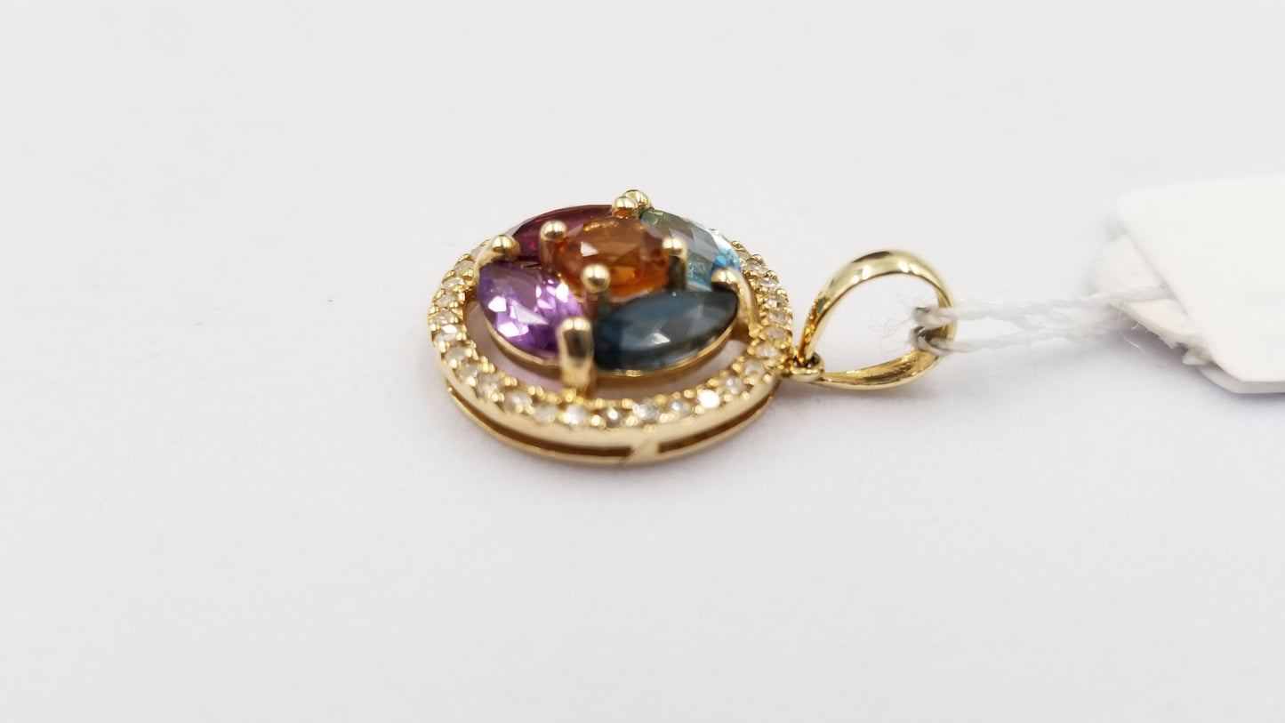 MULTI COLORED STONES WITH DIAMONDS HALO 14 KT YELLOW GOLD PENDANT