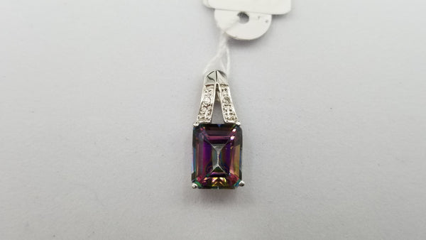 MYSTIC TOPAZ ( EMERALD CUT ) WITH DIAMONDS 14 KT WHITE GOLD PENDANT