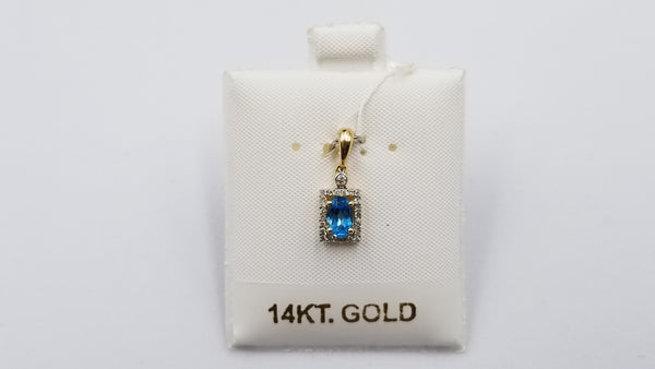 BLUE TOPAZ ( OVAL ) WITH DIAMONDS SQUARE SHAPE 14 KT YELLOW GOLD PENDANT