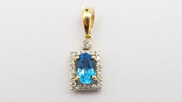 BLUE TOPAZ ( OVAL ) WITH DIAMONDS SQUARE SHAPE 14 KT YELLOW GOLD PENDANT