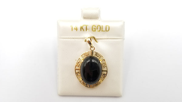 CABOCHON OVAL BLACK JADE 14 KT YELLOW GOLD GREEK KEY PENDANT