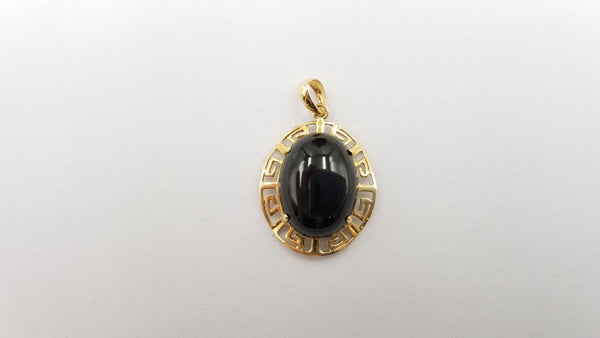 CABOCHON OVAL BLACK JADE 14 KT YELLOW GOLD GREEK KEY PENDANT