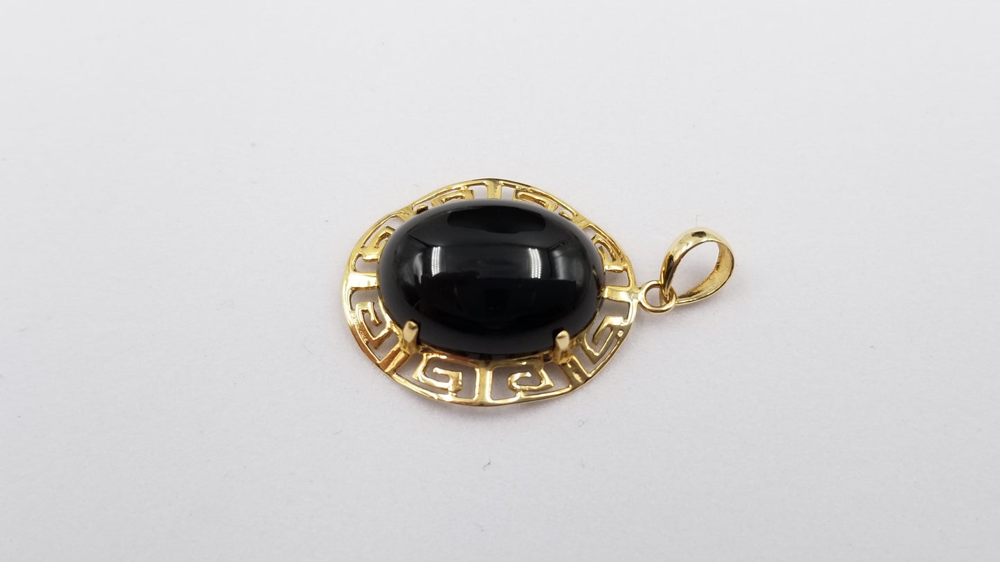 CABOCHON OVAL BLACK JADE 14 KT YELLOW GOLD GREEK KEY PENDANT