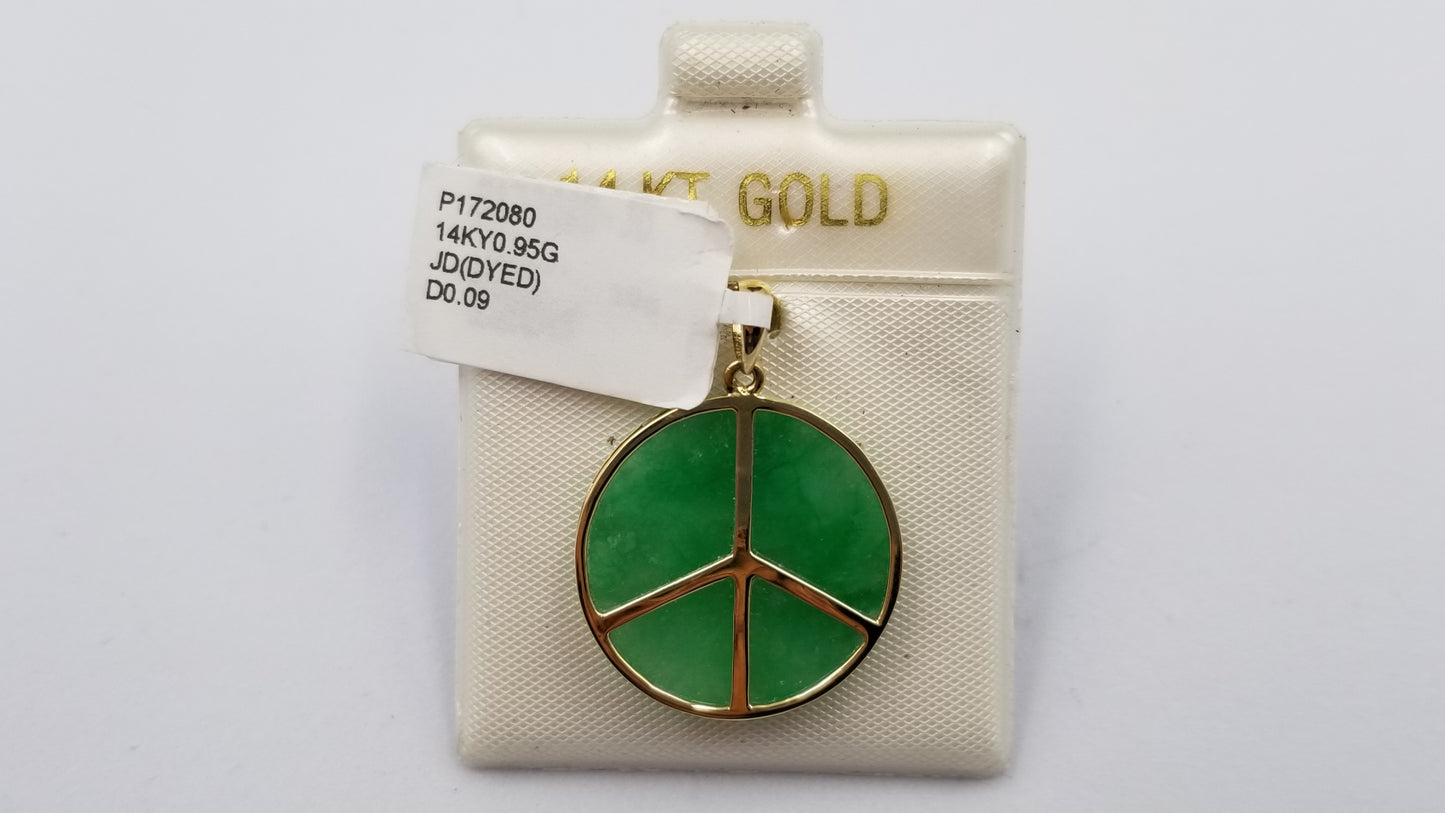 GREEN JADE ( DYED ) 14 KT YELLOW GOLD PEACE SIGN PENDANT
