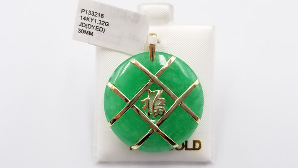 GREEN JADE ( DYED ) 14 KT YELLOW GOLD GOOD FORTUNE PENDANT