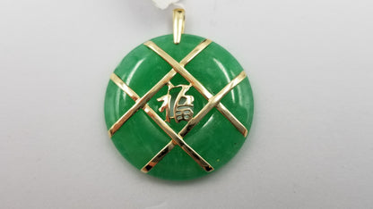 GREEN JADE ( DYED ) 14 KT YELLOW GOLD GOOD FORTUNE PENDANT