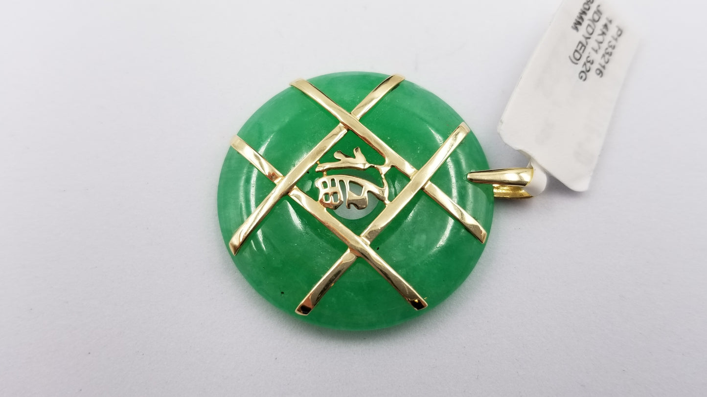 GREEN JADE ( DYED ) 14 KT YELLOW GOLD GOOD FORTUNE PENDANT