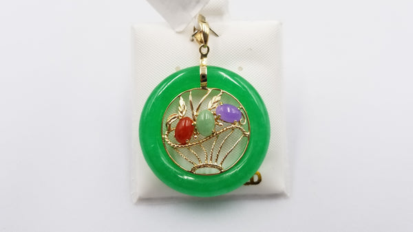 MULTI COLORED JADE ( DYED ) 14 KT YELLOW GOLD FLOWER BASKET PENDANT