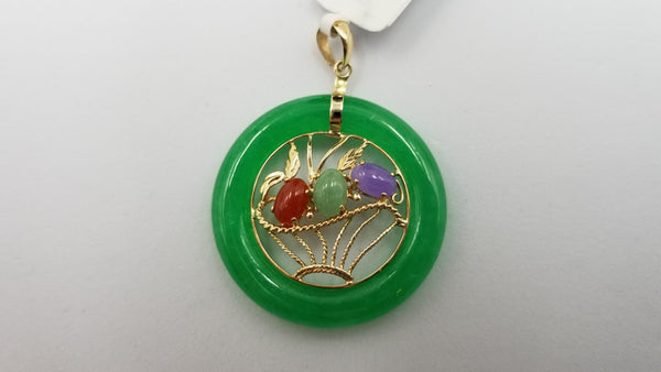 MULTI COLORED JADE ( DYED ) 14 KT YELLOW GOLD FLOWER BASKET PENDANT