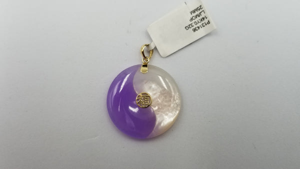 PURPLE JADE ( DYED ) WITH MOTHER OF PEARL 14 KT YELLOW GOLD FORTUNE PENDANT