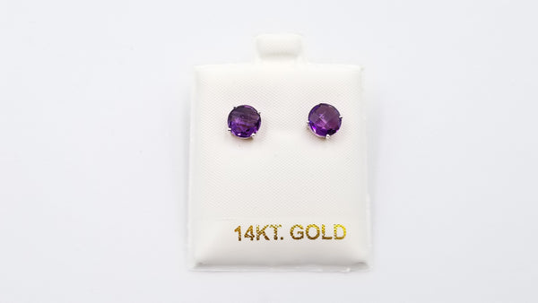 AMETHYST 7 MM ROUND CHECKERBOARD CUT 14 KT WHITE GOLD STUDS EARRINGS