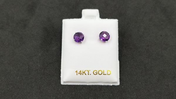 AMETHYST 7 MM ROUND CHECKERBOARD CUT 14 KT WHITE GOLD STUDS EARRINGS