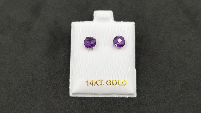 AMETHYST 7 MM ROUND CHECKERBOARD CUT 14 KT WHITE GOLD STUDS EARRINGS