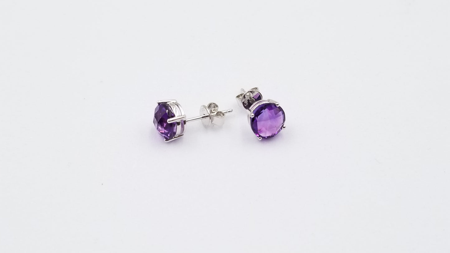 AMETHYST 7 MM ROUND CHECKERBOARD CUT 14 KT WHITE GOLD STUDS EARRINGS