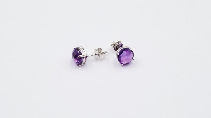 AMETHYST 7 MM ROUND CHECKERBOARD CUT 14 KT WHITE GOLD STUDS EARRINGS