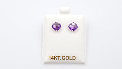 AMETHYST 7 MM SQUARE CHECKERBOARD CUT 14 KT WHITE GOLD STUDS EARRINGS