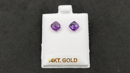 AMETHYST 7 MM SQUARE CHECKERBOARD CUT 14 KT WHITE GOLD STUDS EARRINGS