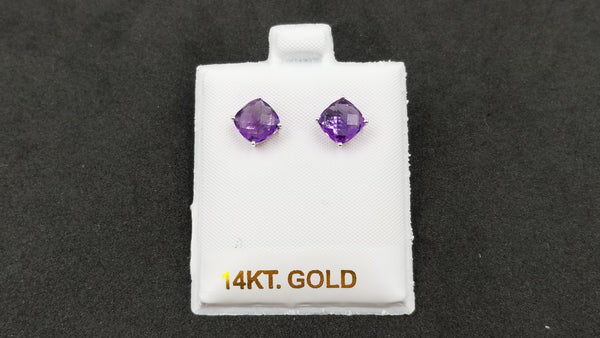 AMETHYST 7 MM SQUARE CHECKERBOARD CUT 14 KT WHITE GOLD STUDS EARRINGS