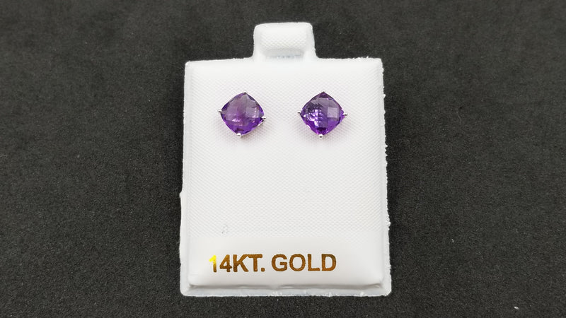 AMETHYST 7 MM SQUARE CHECKERBOARD CUT 14 KT WHITE GOLD STUDS EARRINGS