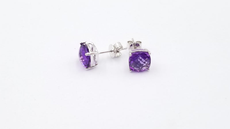 AMETHYST 7 MM SQUARE CHECKERBOARD CUT 14 KT WHITE GOLD STUDS EARRINGS