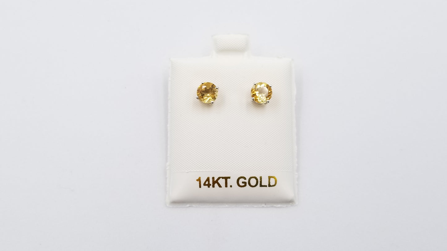 CITRINE 6MM ROUND SHAPE 14 KT WHITE GOLD STUDS EARRINGS