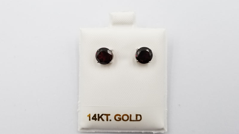 GARNET 7 MM ROUND 14 KT WHITE GOLD STUDS EARRINGS