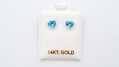 BLUE TOPAZ 7 MM HEART SHAPE 14 KT WHITE GOLD STUD EARRINGS