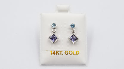 IOLITE / BLUE TOPAZ BEZEL SET WITH DIAMOND 14 KT WHITE GOLD PUSH BACK DANGLE EARRINGS