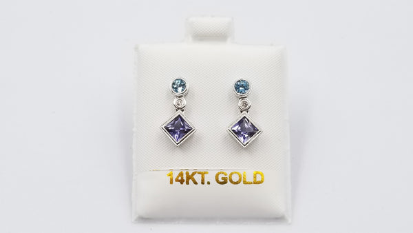 IOLITE / BLUE TOPAZ BEZEL SET WITH DIAMOND 14 KT WHITE GOLD PUSH BACK DANGLE EARRINGS