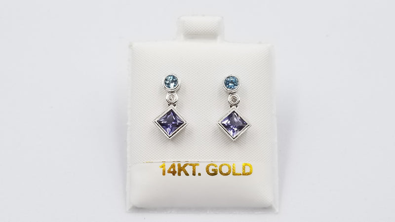 IOLITE / BLUE TOPAZ BEZEL SET WITH DIAMOND 14 KT WHITE GOLD PUSH BACK DANGLE EARRINGS