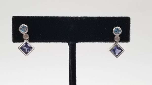 IOLITE / BLUE TOPAZ BEZEL SET WITH DIAMOND 14 KT WHITE GOLD PUSH BACK DANGLE EARRINGS