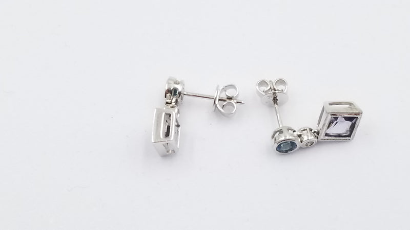 IOLITE / BLUE TOPAZ BEZEL SET WITH DIAMOND 14 KT WHITE GOLD PUSH BACK DANGLE EARRINGS