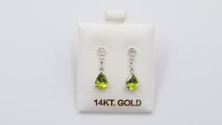 PERIDOT ( PEAR SHAPE ) WITH DIAMONDS 14 KT WHITE GOLD PUSH BACK DANGLE EARRINGS