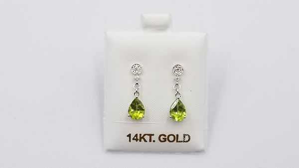 PERIDOT ( PEAR SHAPE ) WITH DIAMONDS 14 KT WHITE GOLD PUSH BACK DANGLE EARRINGS