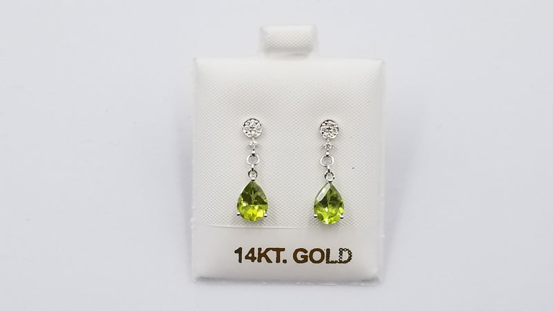 PERIDOT ( PEAR SHAPE ) WITH DIAMONDS 14 KT WHITE GOLD PUSH BACK DANGLE EARRINGS